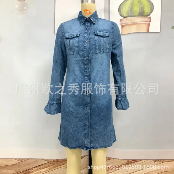 Women Denim Dress Long Sleeve Single Breasted Loose Fit A Line Dresses Turn Down Collar Splice Office Lady Elegant Vestidos - Image 15