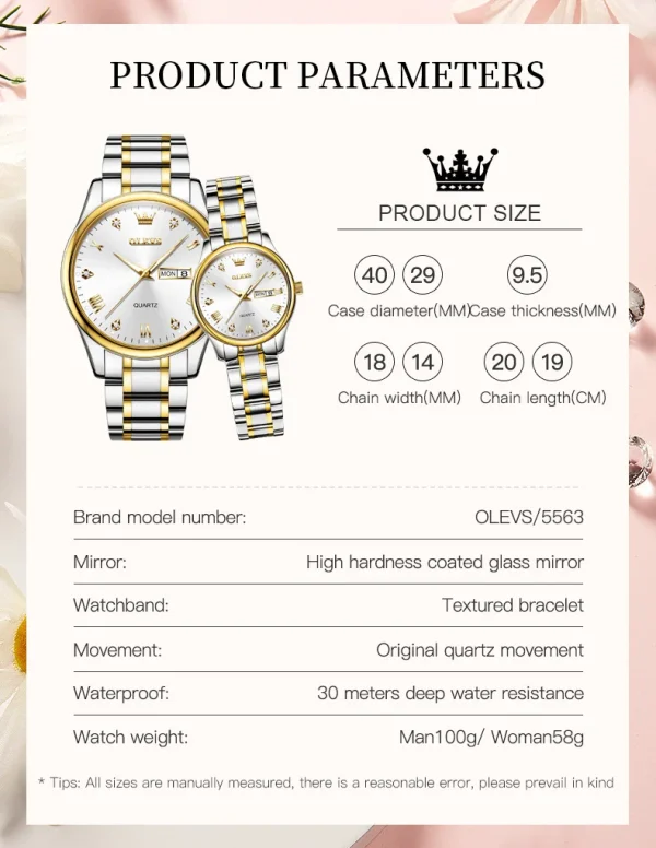 OLEVS 5563 Diamond Luxury Quartz Couple Watches Stainless Steel Waterproof Watch For Men Women Dual Calendar Fashion Hand Clock - Image 27