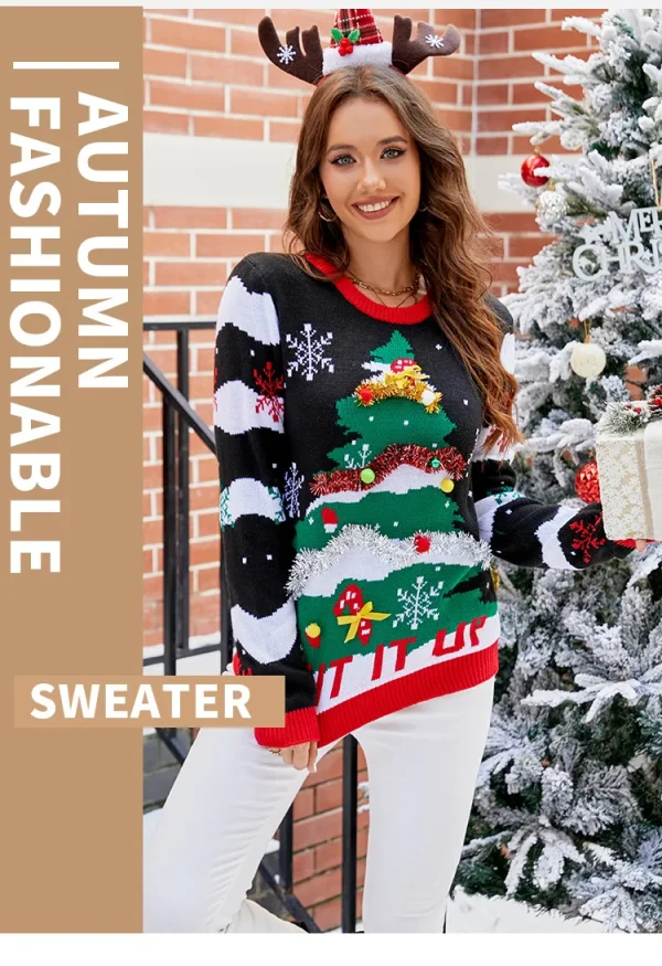 Casual Long Sleeve Crochet Women Pullovers Crew Neck Vacation Snowflake Christmas Tree Pattern Christmas Style Knitwear Sweater - Image 9