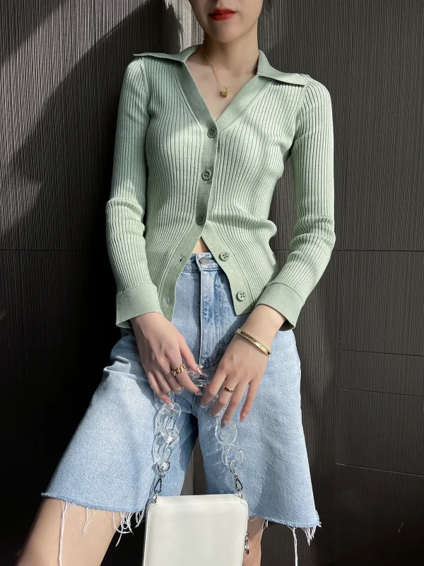 EACA Polo collar single breasted 2024 spring/summer new knitwear long sleeved top with waist cinching slim fit women's cardigan - Image 14