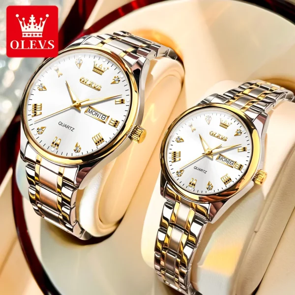 OLEVS 5563 Diamond Luxury Quartz Couple Watches Stainless Steel Waterproof Watch For Men Women Dual Calendar Fashion Hand Clock - Image 7
