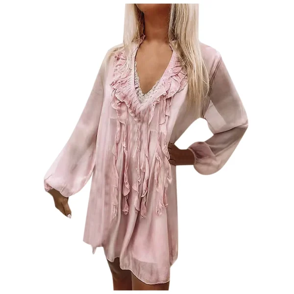 Summer Beach Style Ruffles Tassel Tie Up Pink Dress for Women Elegant Sexy V-neck Loose Fit Holiday Party Dress Chiffon Vestidos - Image 9