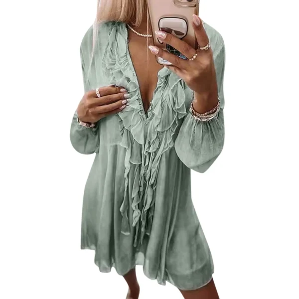 Summer Beach Style Ruffles Tassel Tie Up Pink Dress for Women Elegant Sexy V-neck Loose Fit Holiday Party Dress Chiffon Vestidos - Image 5