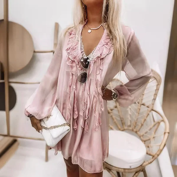 Summer Beach Style Ruffles Tassel Tie Up Pink Dress for Women Elegant Sexy V-neck Loose Fit Holiday Party Dress Chiffon Vestidos - Image 2