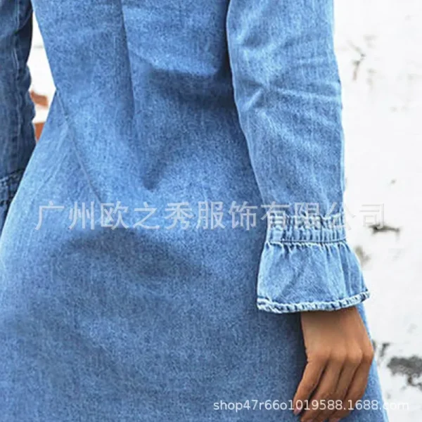Women Denim Dress Long Sleeve Single Breasted Loose Fit A Line Dresses Turn Down Collar Splice Office Lady Elegant Vestidos - Image 14