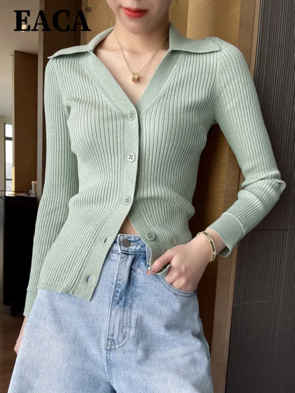 EACA Polo collar single breasted 2024 spring/summer new knitwear long sleeved top with waist cinching slim fit women's cardigan