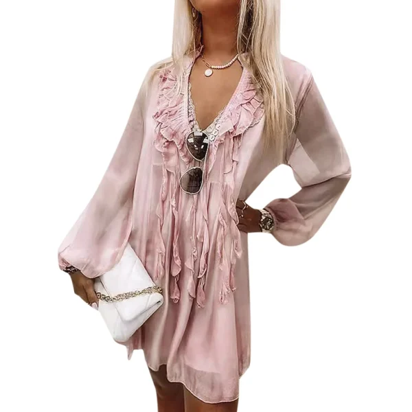 Summer Beach Style Ruffles Tassel Tie Up Pink Dress for Women Elegant Sexy V-neck Loose Fit Holiday Party Dress Chiffon Vestidos - Image 7