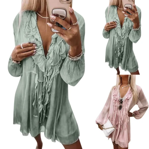 Summer Beach Style Ruffles Tassel Tie Up Pink Dress for Women Elegant Sexy V-neck Loose Fit Holiday Party Dress Chiffon Vestidos - Image 8