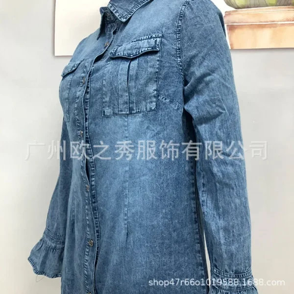 Women Denim Dress Long Sleeve Single Breasted Loose Fit A Line Dresses Turn Down Collar Splice Office Lady Elegant Vestidos - Image 16