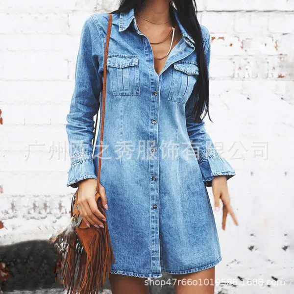 Women Denim Dress Long Sleeve Single Breasted Loose Fit A Line Dresses Turn Down Collar Splice Office Lady Elegant Vestidos - Image 2