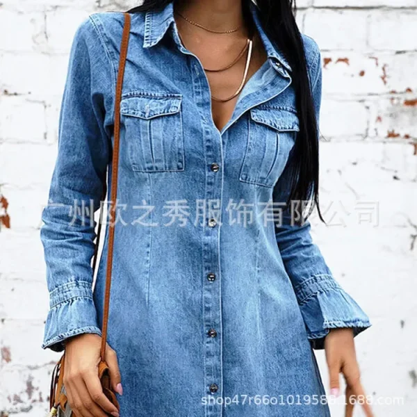 Women Denim Dress Long Sleeve Single Breasted Loose Fit A Line Dresses Turn Down Collar Splice Office Lady Elegant Vestidos - Image 3