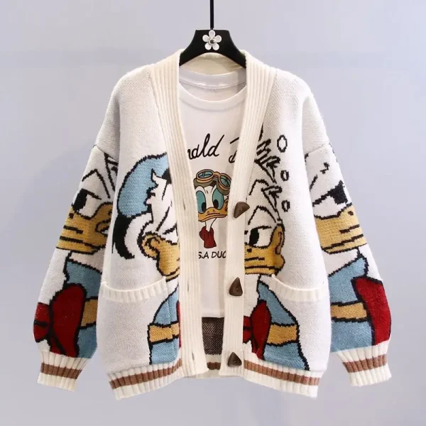 Donald Duck women's new autumn and winter simple personality cartoon Korean version loose and versatile warm knitted cardigan - Image 10