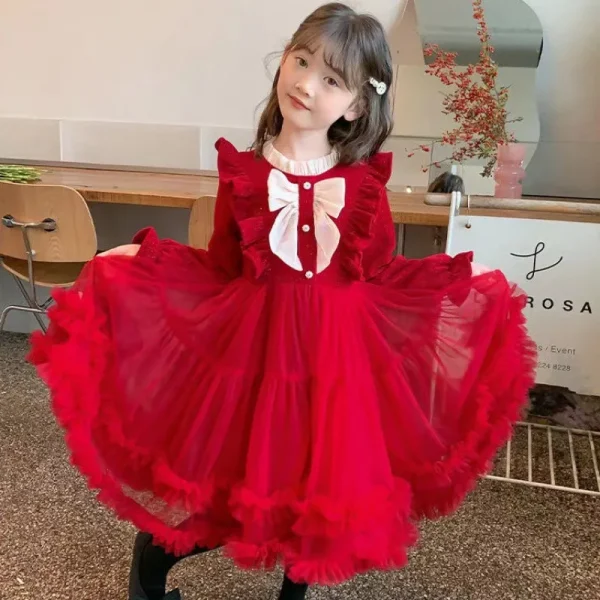 Dress Spring and Autumn New Fashionable Sweet Butterfly Knot Mesh Pong Princess Cake Dress Kids Clothes Girls - Image 6