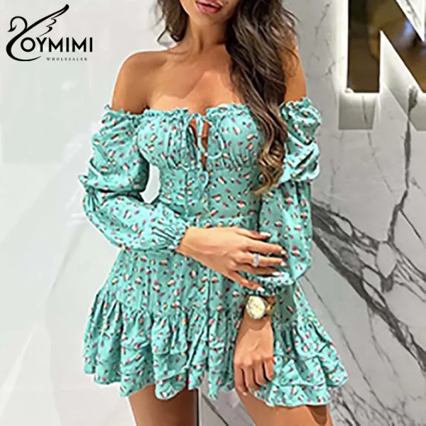 Oymimi Fashion Green Print Women's Dress Elegant Slash Neck Lace-Up Wrist Sleeve Dresses Summer Autumn High Waist Pleated Dress - Image 3