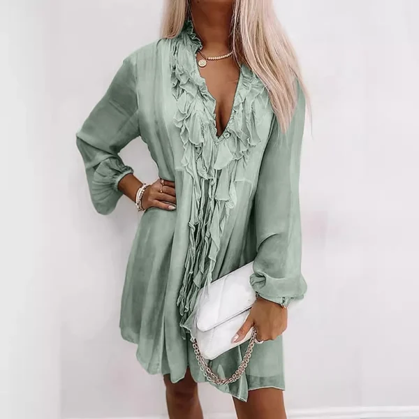 Summer Beach Style Ruffles Tassel Tie Up Pink Dress for Women Elegant Sexy V-neck Loose Fit Holiday Party Dress Chiffon Vestidos - Image 4
