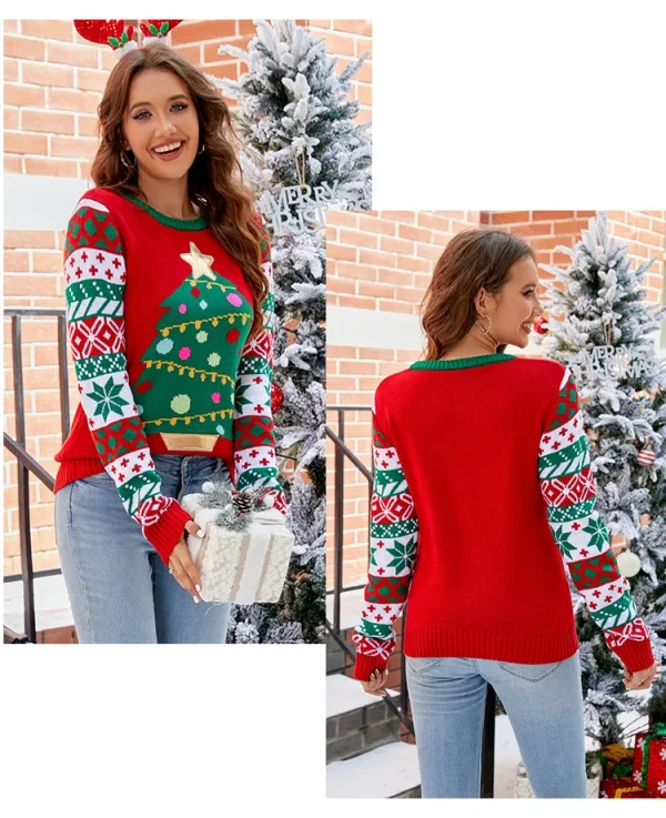 Casual Long Sleeve Crochet Women Pullovers Crew Neck Vacation Snowflake Christmas Tree Pattern Christmas Style Knitwear Sweater - Image 24