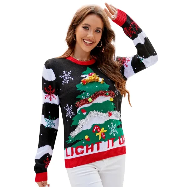 Casual Long Sleeve Crochet Women Pullovers Crew Neck Vacation Snowflake Christmas Tree Pattern Christmas Style Knitwear Sweater - Image 6