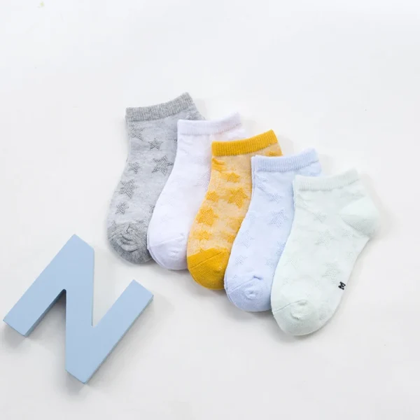 5 Pairs Socks Baby Boy's Girl's Summer Socks 2-3 3-5 5-8 Cotton Casual Mesh Socks Children Socks Star Jacquard Solid Color Short - Image 4
