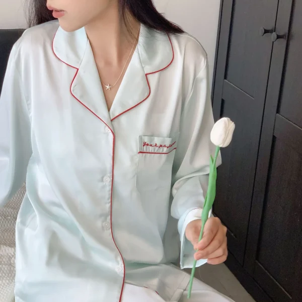 Green Satin Sleepwear Lounge Wear Female Long Sleeve Pajamas Trouser Suits Intimate Lingerie Casual Home Wear Pyjama Pour Femme - Image 13