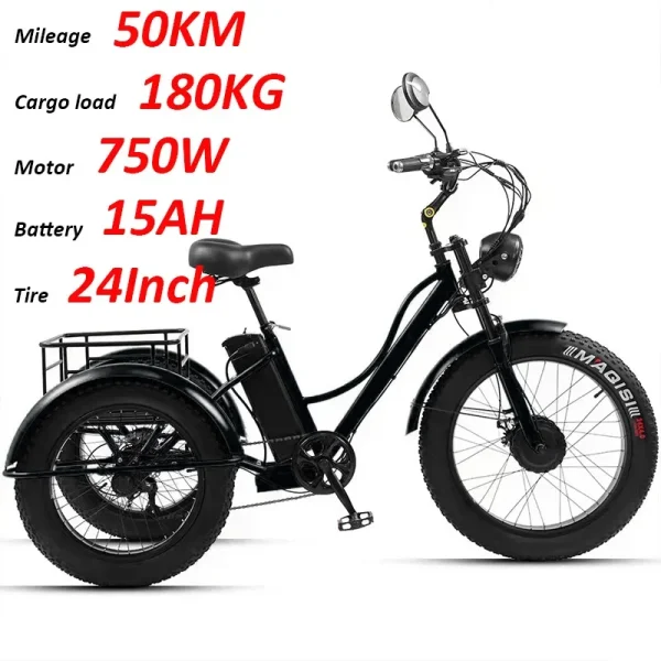 Tricyle Adult Electric Bicycle Adult 24 Inch 750W15AH Battery Fat Ebike 3Wheel Electric Cargo Bike Mobile Battery Cargo Electric - Image 7