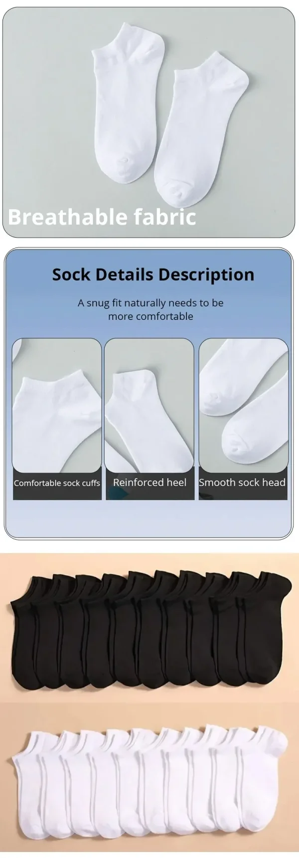 10 Pairs Women Socks Breathable Sports socks Solid Color Boat socks Comfortable Cotton Ankle Socks White Black - Image 8