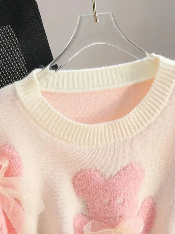 Jmprs Cute Bear Print Sweaters Women Lazy Wind Long Sleeve Bow Knitted Pullovers Korean Fashion Loose Female O Neck Sweet Tops - Image 5