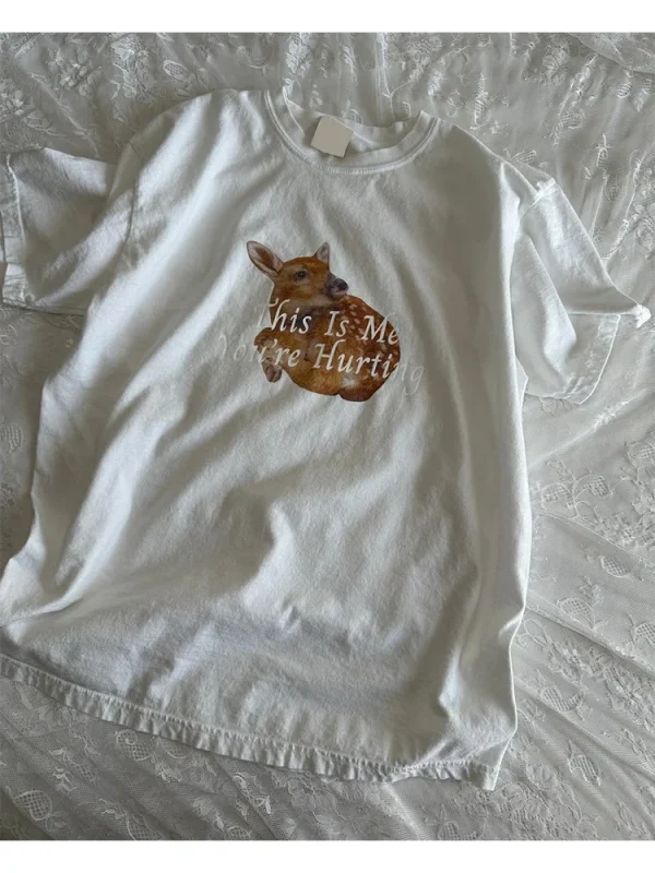 Aesthetically Sweet Y2K Clothes Tops Fairy Deer Print Cotton Women's Short Sleeve T-Shirt Harajuku Casual Loose Cute Streetwear - Image 2