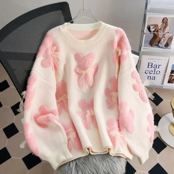 Jmprs Cute Bear Print Sweaters Women Lazy Wind Long Sleeve Bow Knitted Pullovers Korean Fashion Loose Female O Neck Sweet Tops - Image 8