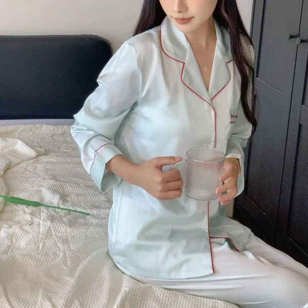 Green Satin Sleepwear Lounge Wear Female Long Sleeve Pajamas Trouser Suits Intimate Lingerie Casual Home Wear Pyjama Pour Femme - Image 11