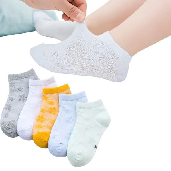 5 Pairs Socks Baby Boy's Girl's Summer Socks 2-3 3-5 5-8 Cotton Casual Mesh Socks Children Socks Star Jacquard Solid Color Short - Image 6