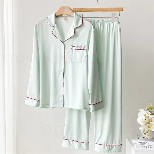 Green Satin Sleepwear Lounge Wear Female Long Sleeve Pajamas Trouser Suits Intimate Lingerie Casual Home Wear Pyjama Pour Femme - Image 2