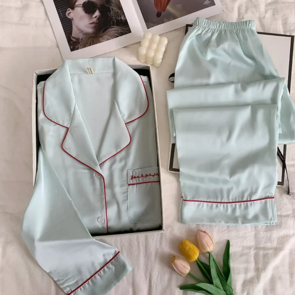 Green Satin Sleepwear Lounge Wear Female Long Sleeve Pajamas Trouser Suits Intimate Lingerie Casual Home Wear Pyjama Pour Femme - Image 6