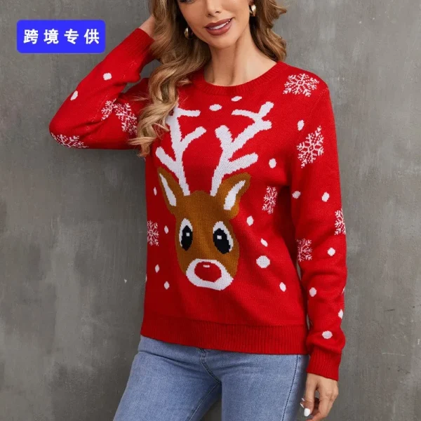 Red Christmas Knitted Sweater Women's Round Neck Hoodie Long Sleeve Elk Snowflake Cartoon Pattern Sweater Autumn New Item 2024