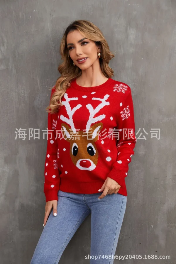 Red Christmas Knitted Sweater Women's Round Neck Hoodie Long Sleeve Elk Snowflake Cartoon Pattern Sweater Autumn New Item 2024 - Image 8