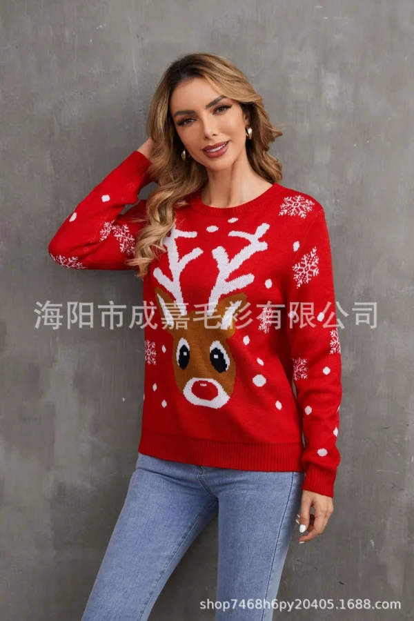 Red Christmas Knitted Sweater Women's Round Neck Hoodie Long Sleeve Elk Snowflake Cartoon Pattern Sweater Autumn New Item 2024 - Image 9