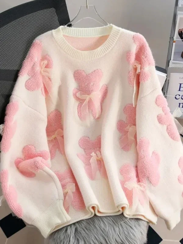 Jmprs Cute Bear Print Sweaters Women Lazy Wind Long Sleeve Bow Knitted Pullovers Korean Fashion Loose Female O Neck Sweet Tops - Image 2