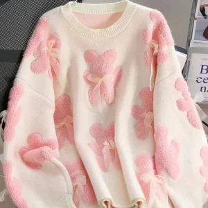 Jmprs Cute Bear Print Sweaters Women Lazy Wind Long Sleeve Bow Knitted Pullovers Korean Fashion Loose Female O Neck Sweet Tops