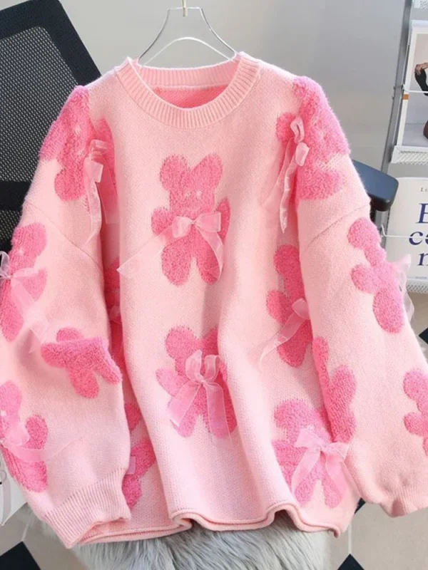 Jmprs Cute Bear Print Sweaters Women Lazy Wind Long Sleeve Bow Knitted Pullovers Korean Fashion Loose Female O Neck Sweet Tops - Image 4