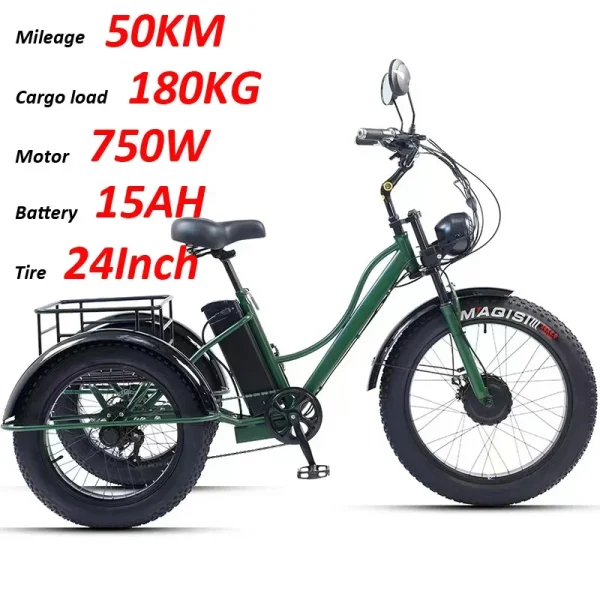 Tricyle Adult Electric Bicycle Adult 24 Inch 750W15AH Battery Fat Ebike 3Wheel Electric Cargo Bike Mobile Battery Cargo Electric - Image 9