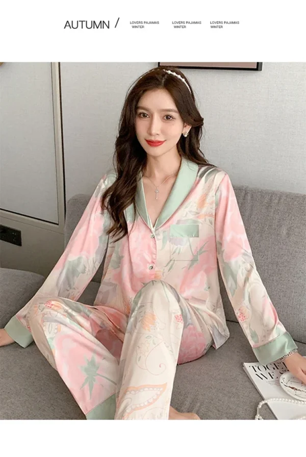 Spring Summer Faux Silk Pajamas for Women Lapel Cardigan Lounge Sets Womens 2 Piece Sweet Floral Home Wear Soft Sleepwear Pjs - Image 15