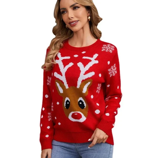 Red Christmas Knitted Sweater Women's Round Neck Hoodie Long Sleeve Elk Snowflake Cartoon Pattern Sweater Autumn New Item 2024 - Image 5