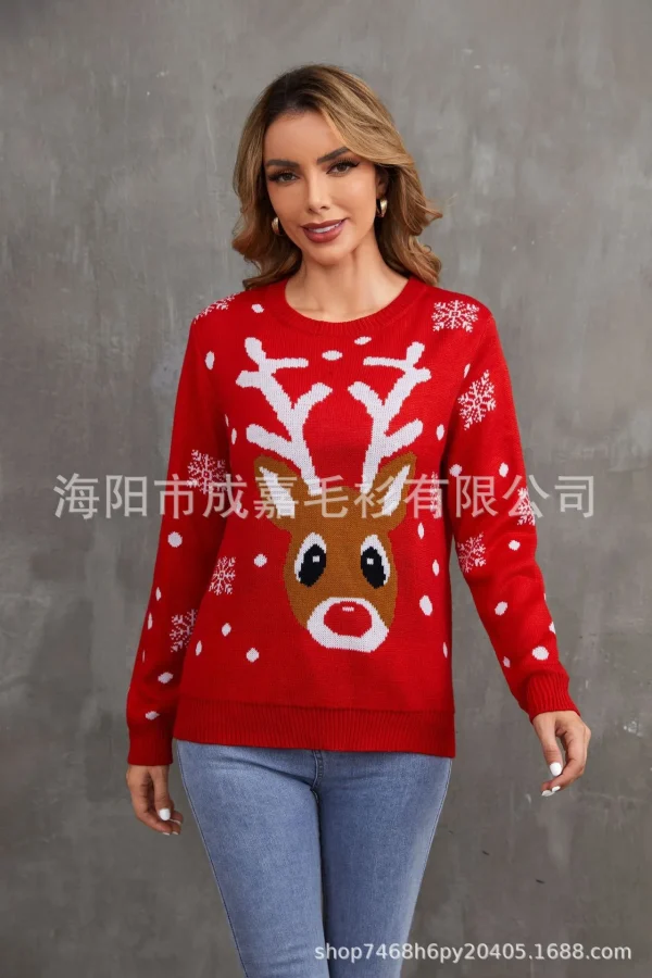 Red Christmas Knitted Sweater Women's Round Neck Hoodie Long Sleeve Elk Snowflake Cartoon Pattern Sweater Autumn New Item 2024 - Image 10