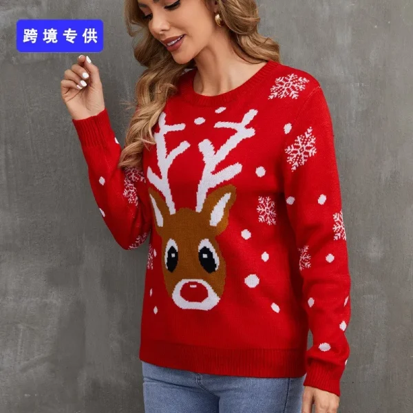 Red Christmas Knitted Sweater Women's Round Neck Hoodie Long Sleeve Elk Snowflake Cartoon Pattern Sweater Autumn New Item 2024 - Image 3