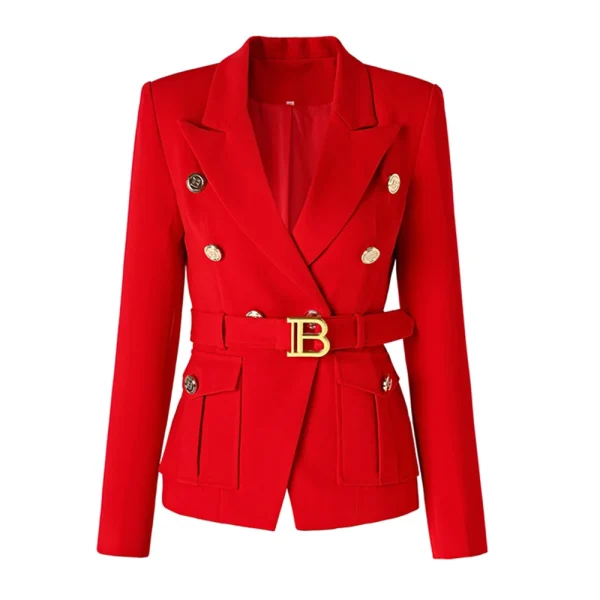 New Fall Party Red Women Pockets Jackets Slim Design Chic Lady Gorgeous Blazer with Belt - Image 6