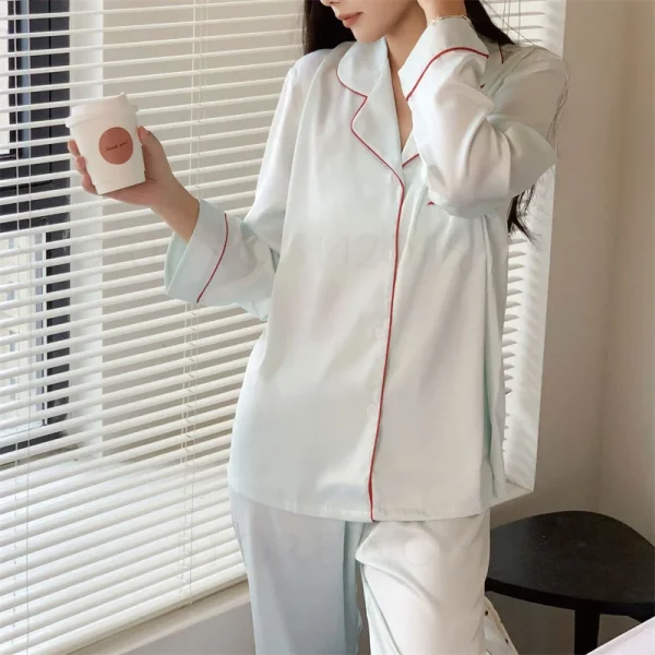 Green Satin Sleepwear Lounge Wear Female Long Sleeve Pajamas Trouser Suits Intimate Lingerie Casual Home Wear Pyjama Pour Femme - Image 3