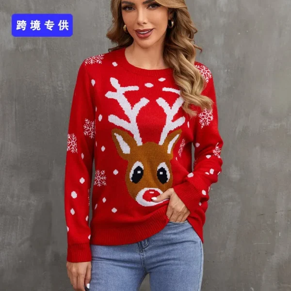 Red Christmas Knitted Sweater Women's Round Neck Hoodie Long Sleeve Elk Snowflake Cartoon Pattern Sweater Autumn New Item 2024 - Image 2