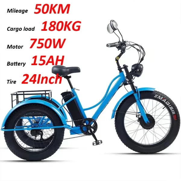 Tricyle Adult Electric Bicycle Adult 24 Inch 750W15AH Battery Fat Ebike 3Wheel Electric Cargo Bike Mobile Battery Cargo Electric - Image 8