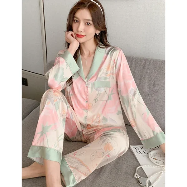 Spring Summer Faux Silk Pajamas for Women Lapel Cardigan Lounge Sets Womens 2 Piece Sweet Floral Home Wear Soft Sleepwear Pjs - Image 5
