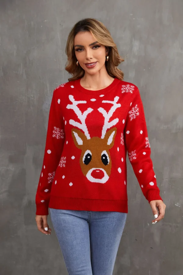 Red Christmas Knitted Sweater Women's Round Neck Hoodie Long Sleeve Elk Snowflake Cartoon Pattern Sweater Autumn New Item 2024 - Image 6