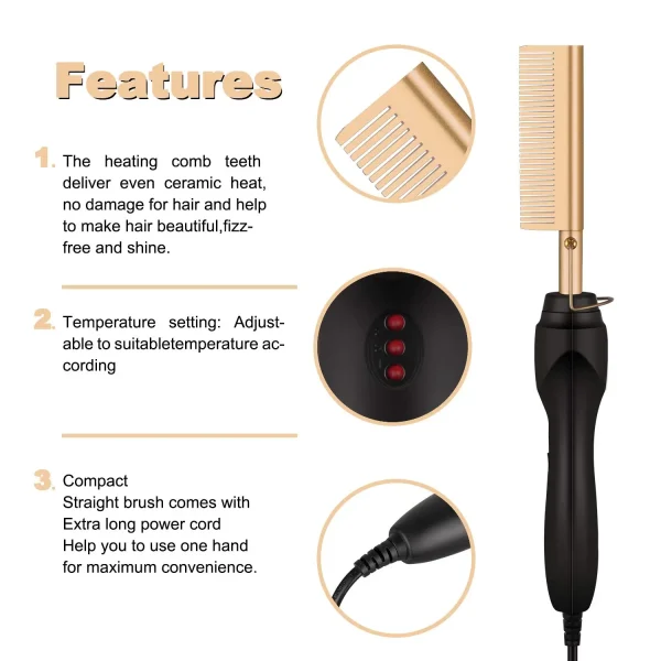 2 in1 Hot Comb Hair Straightener Electric Heating Comb Fast Heating Portable Travel Anti-Scald Beard Straightener Press Hot Comb - Image 4